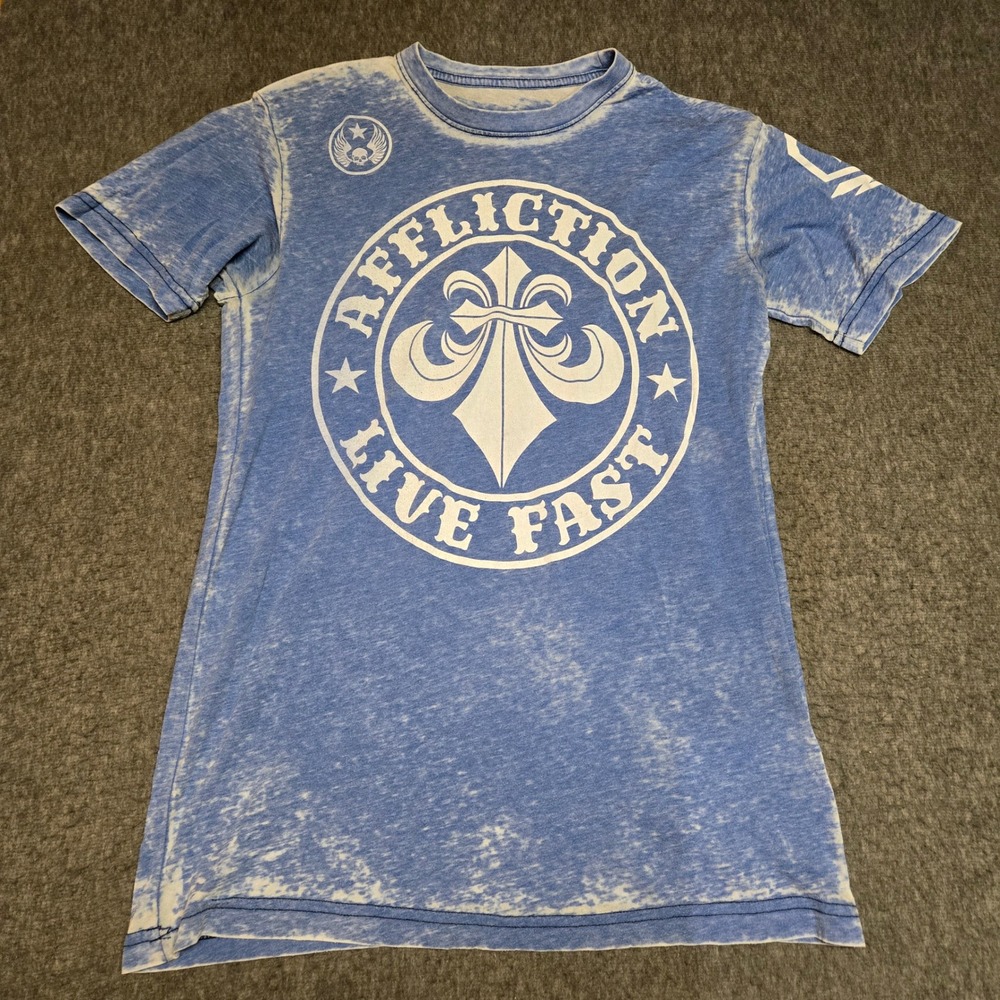 Vintage Y2K Affliction T Shirt Mens Large Blue Acid Wash Live Fast Fleur De Lis